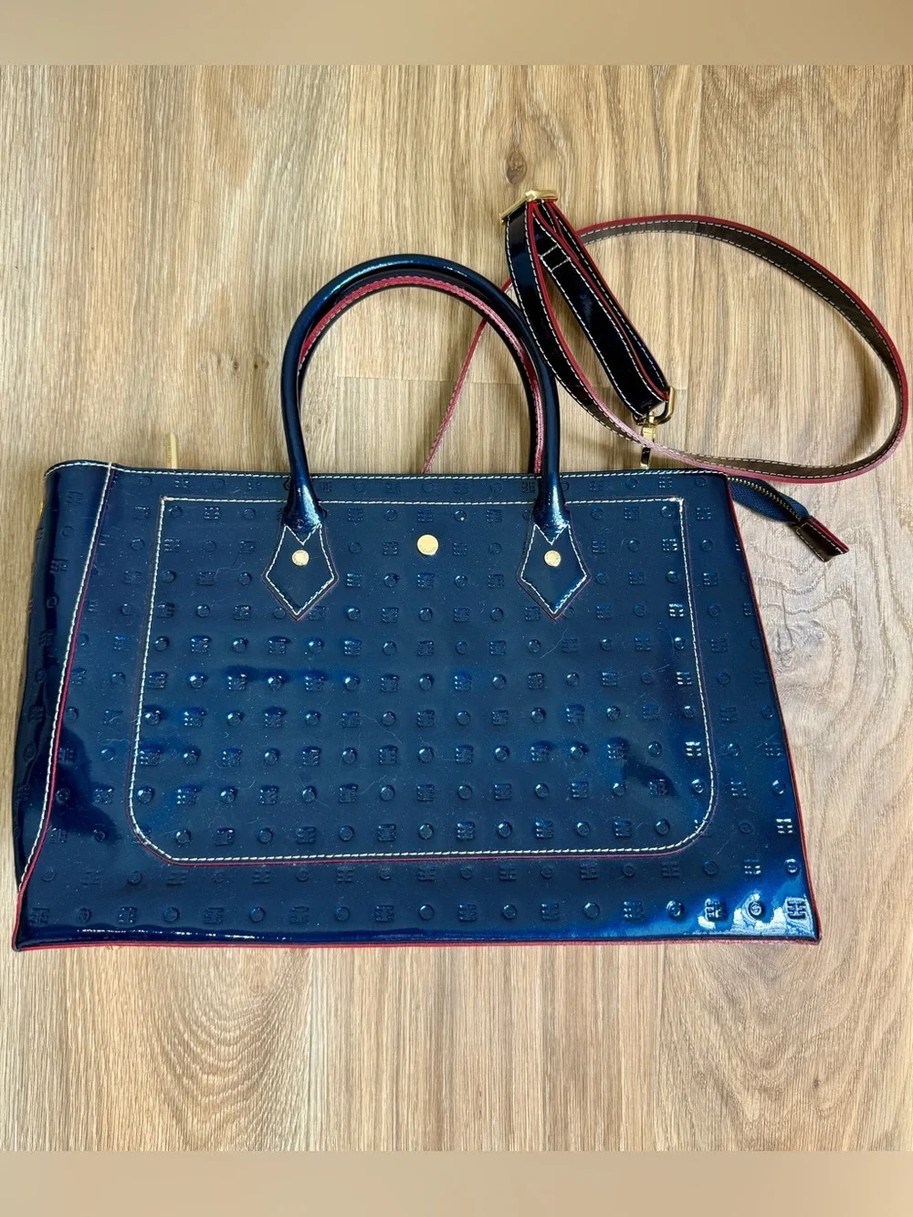 Arcadia Made in Italy Navy Blue Patent Leather Embossed Satchel Tote Bag